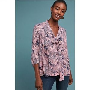 19 of 52 Conversations by Anthropologie Pink & Blue Button Down Bow Blouse
